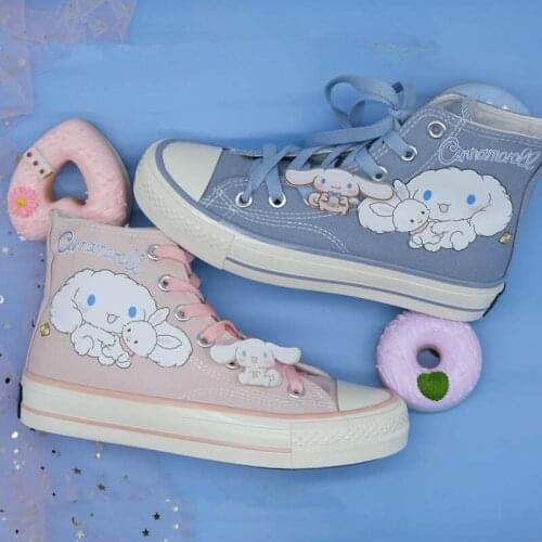 Harajuku Womens Canvas Shoes Hand-painted Laurel Dog Womens Shoes Kawaii High-top Canvas Shoes Soft Sister Womens Shoes