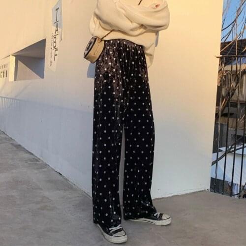 Spring and autumn womens gold velvet polka dot wide-leg pants plus size high waist loose casual velvet trousers 2020 new