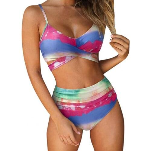 Summer Tie Dye Print High Waist Padded Bikini Swimsuit Women Spaghetti Strap Backless Brazilian Swimwear Two-Piece Swimsuits