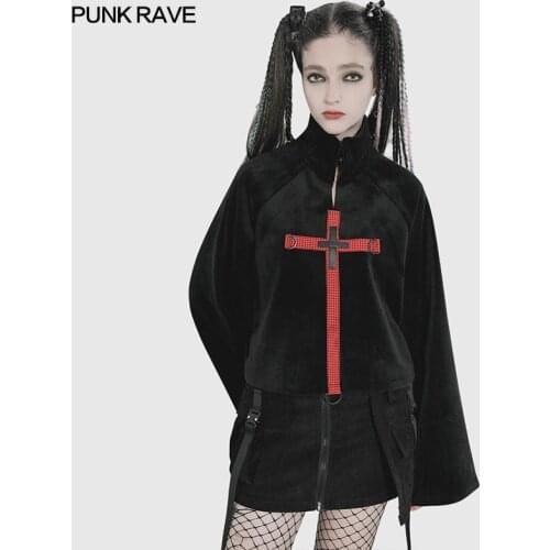PUNK RAVE Womens Punk High Neck Plaid Sweater Fashion Winter Warm Flare Sleeves Gothic Thick Double-sided Velvet Women Hoodies
