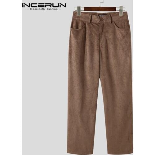 2021 Solid Color Men Pants Faux Suede Joggers Streetwear Button Straight Trousers Pockets Casual Pantalones Hombre INCERUN 5XL 7