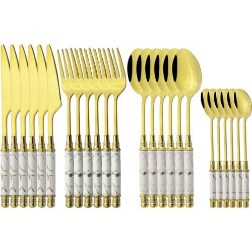 24Pcs Knives Fork Spoon Dinnerware Ceramic Handle Cutlery Set Stainless Steel Tableware Silverware Set with Plastic Storage Tray