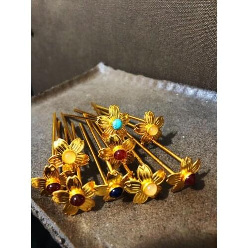 4 Colors LYZ Unique Traditional Hand Carved Hanfu Hair Jewelry Little Flower Hair Sticks Red White Agate Blue Lapis Turquoise