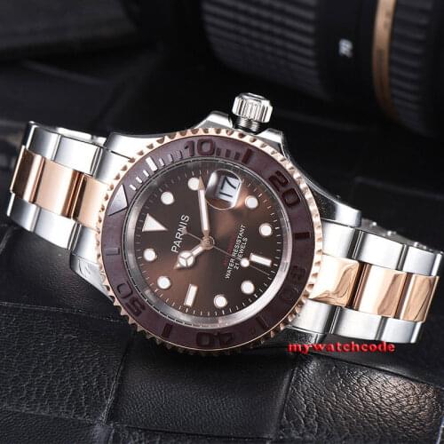 41mm Parnis Brown Dial Sapphire Glass Ceramic Bezel Miyota Automatic Men Watch Auto Date Rose Gold Plated Oyater Bracelet P981