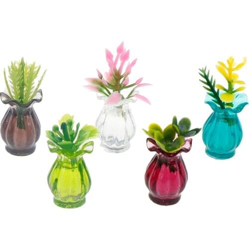 5pcs Vase+flower Dollhouse Miniatures 1:12 Colorful Mini Ceramic Pot Handmade Doll House Kitchen Ceramic DIY Decor