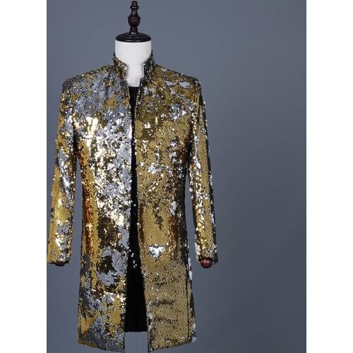 Shiny Gold Sequin Glitter Long Blazer Jacket Men Stand Collar Slim Fit Tuxedo Suit Blazers Mens Party Prom Stage Clothes Male
