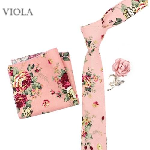 Floral Print Linen Peach 5cm Tie Rose Brooch Hankie Set Lapel Pin Suit Skinny Cravat Romantic Wedding Party Gift Men Accessory