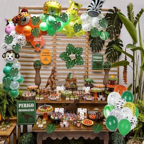Jungle Wildlife Aluminum Foil Latex Balloon Decorations Green Palm Leaves Childrens Birthday Boys Girls Baby Shower Decorations