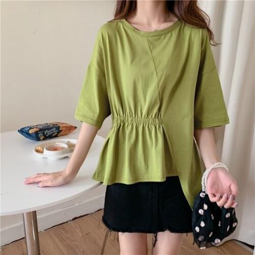 Harajuku cotton woman tshirts 2021 Summer korean style green women T-shirt loose O-neck Casual solid Tops Tees Asymmetry T Shirt
