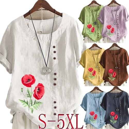 Summer New Womens Fashion Casual Linen Shirt Round Neck Printing T-shirt Short-sleeved Top Loose Top S-5XL