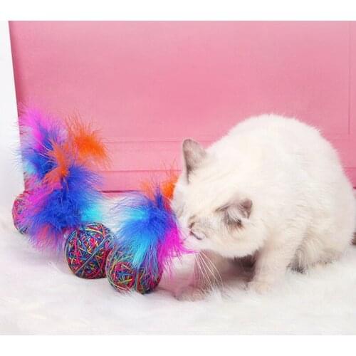 2pcs/Set Multicolor Cat Ball Toy Interactive Lovely Cat Faux Feather Toy Cat Rope Ball Pet Chew Toy Pet Supplies