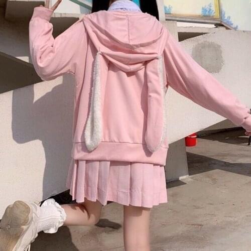 Soft Girl Kawaii Bunny Ears Hoodie Sweatshirt Zipper Jacket Japanese Cute Bear Women Harajuku Preppy Style Spring Autumn Coat