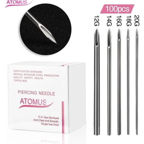 100 Pcs/Box 12/14/16/18/20G Disposable Stainless Steel Sterile Body Piercing Needles Medical Grade Tattoo Accessories Supplies