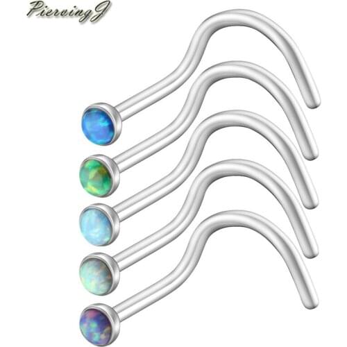 PiercingJ Fashion 20G Stainless Steel Round Opal Nose Rings Studs Body Piercing Jewelry Bend shape