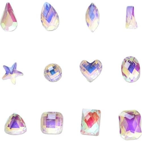 100pcs Aurora LITTLE-TRANSPARENT RESIN Nail Rhinestone Crystal Waterdrop Teardrop Heart Star Reflective Nail Art Decoration ZD84