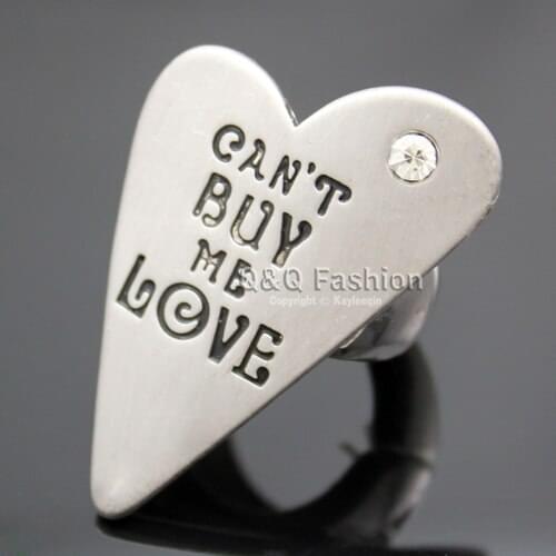 Rare Silver Plated Can't Buy Me Love Words Heart Crystal Stretch Band Finger Ring Gift Jewelry New