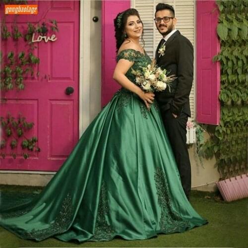 Green Evening Dresses Long Lace Appliqued Beaded Robe De Soiree Satin Ball Gown Gala Dress Formal 2020 Customized Evening Gowns