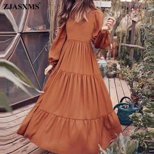 2020 Autumn Puff Long Sleeve Pleated Maxi Dress Women Robe V Neck Tunic Party Dress Vintage Solid Loose A-Line Long Dresses 5XL