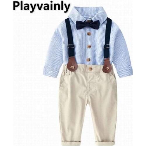 2021 New Baby Clothes Set Bow Tie stripe Shirt + Overalls 2PCS Outfits Suit Toddler Boy Clothes E20836