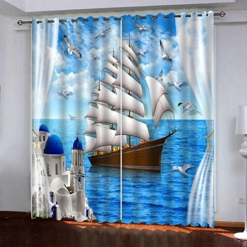 3D Scenery outside the window sea sailing boat Windows Curtains for Living Room Bedroom Decorative Kitchen Curtain Custom