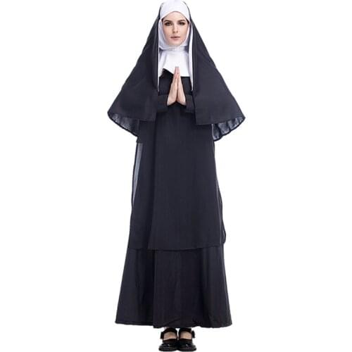 Virgin Mary Nuns Costumes for Women Sexy Long Black The Conjuring Evil Nuns Costume Arabic Religion Monk Ghost Uniform Halloween