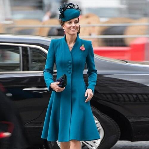 Kate Middleton Plus Size High Quality Elegant Formal Office Lady Workplace Peacock Blue Woolen Overcoat