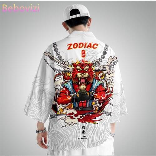 2021 5xl 6xl White Tiger Print Fashion Japanese Kimono Suit Samurai Harajuku Cardigan Women Men Cosplay Yukata Tops Pants Set