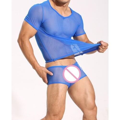 Undershirt & Boxer Set / Transparent Mesh Shirts Underwear Tight Singlet Gay Thin Top Tees & Boxer Night Club Erotic Lingerie