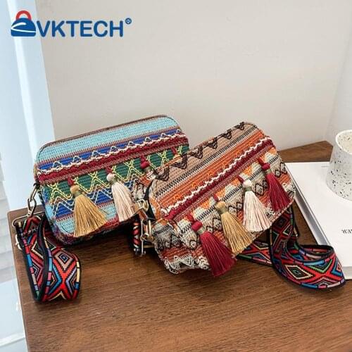 Fashion Ethnic Style Women PU Leather Stripes Printing Shoulder Crossbody Messenger Bag Casual Ladies Tassel Mini Purse Handbags