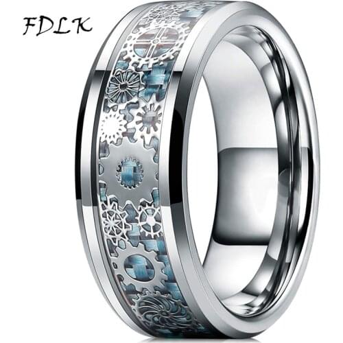 Mens Steampunk Gear Wheel Stainless Steel Ring Dragon Inlay Light Blue Carbon Fiber Ring Gothic Mens Wedding Band Size 6-13