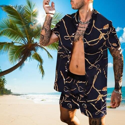 Men Hawaiian Vacation Printed Sets 2021 Summer Lapel Short Sleeve Button Shirt Beach Shorts Streetwear Casual Mens Suit 2 Pieces