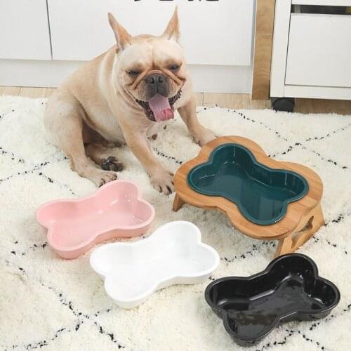 New Pets Bowl Dog Cat Food Water Dogs Feeder Stand Raised Ceramic Dish Bone Bowl Wooden Table Pet Supplies Dog Food Bowls