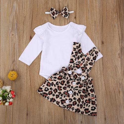 New 3 PCS Little Girl’s Dress Set Lace Long Sleeve Solid Color Top Leopard Print Suspenders Button Short Skirt and Bow Hairband