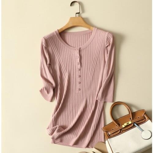 Solid Knitted Elastic Women T-Shirts Summer New O-Neck Slim Half Sleeved Elegant Office Lady Pulls Tops Tees