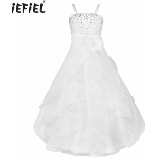 IEFiEL White Elegant A-line Vestido Flower Girls Dress Pageant Wedding Dress Formal Occassion Sleeveless Flower Girl Tulle Dress