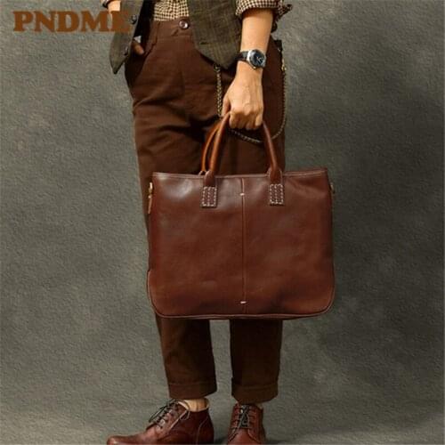 Handmade high-quality luxury first layer cowhide mens briefcase simple genuine leather laptop messenger bag women work handbag