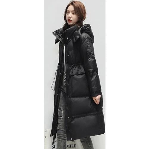 2021 Women Down Jacket Fashion Thick Warm Long New Winter Coat Solid Color Over Knee Hooded Straight Outerwear White Duck Down