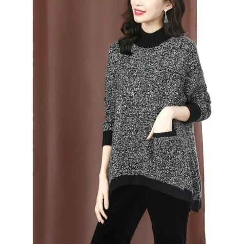 Plus Size Knitted Sweaters Women 2021 New Spring Autumn Loose Half Turtleneck Knit Long sleeve pockets Pullover Tops Female