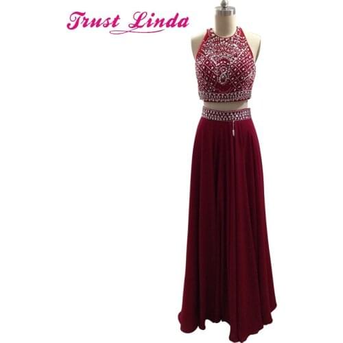 Real Picture Free Shipping Saudi Arabia 2 piece Pink Red Sleeveless Criss cross Back chiffon Bridesmaid dress Prom Dresses