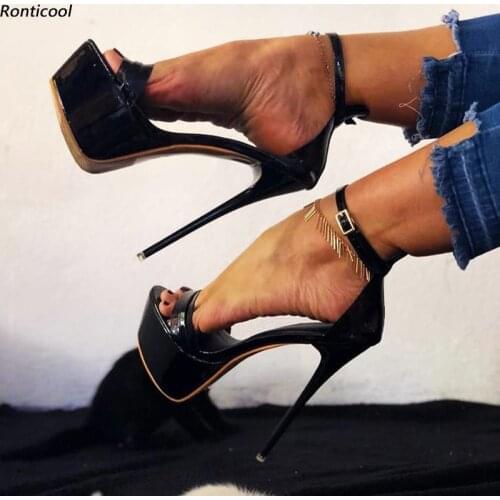 Ronticool New Stylish Women Summer Platform Sandals Patent Sexy Stiletto Heels Open Toe Elegant Black Party Shoes US Size 5-20