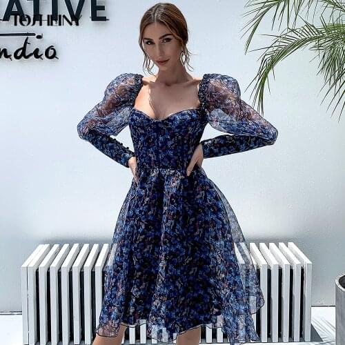 Tosheiny Women Vintage Boho Style Dresses Autumn Winter Long Puff Sleeve Mesh Tutu Print Pleated Party Dress M0514