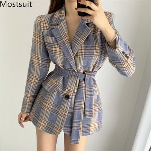 Korean Vintage Plaid Woolen Belted Women Suit Blazer 2020 Winter Long Sleeve One-button Stylish Elegant Ladies Fashion Coat