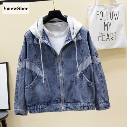 VmewSher New Women Streetwear Hooded Denim Jackets Loose Pockets Patchwork Outwear Female Jean Jacket Black Denim Coat Oversize