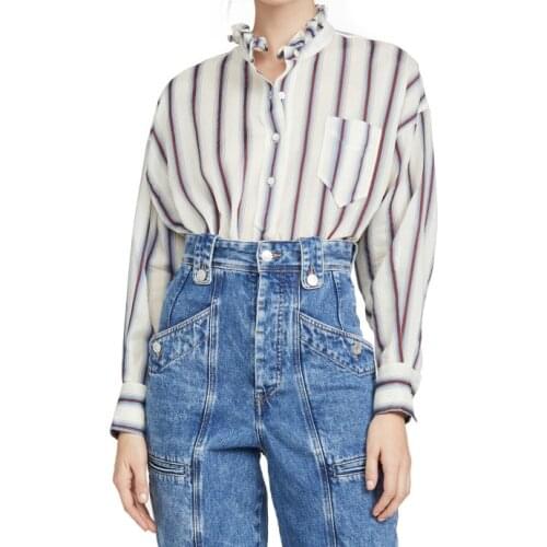 Women Shirt Lace Pleated Collar Yarn-dyed Striped Cotton Profile Shirt