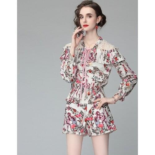 2021 Summer fashion women Flower Shorts Suit Lace Patchwork Ruffles Bow Blouse Tops＋ Floral Print Shorts 2 Pieces Sets