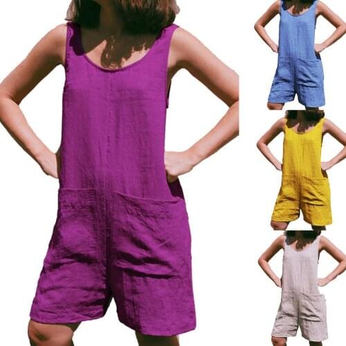 2021 Women Rompers Summer Casual Loose Women Jumpsuit O Neck Solid Color Sleeveless Pockets Loose Playsuit Romper for Work