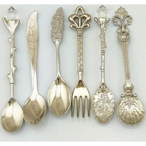 6 Pcs Royal Antique European Style Vintage Pomegranate Flower Carved Coffee Tea Scoop Tableware Cutlery Set