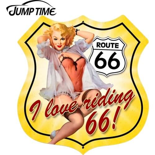 JumpTime 13cm x 12.6cm Retro Route 66 Pinup Shield Pin-Up Girl Car Styling Sexy Car Stickers Vintage Waterproof Body Decals