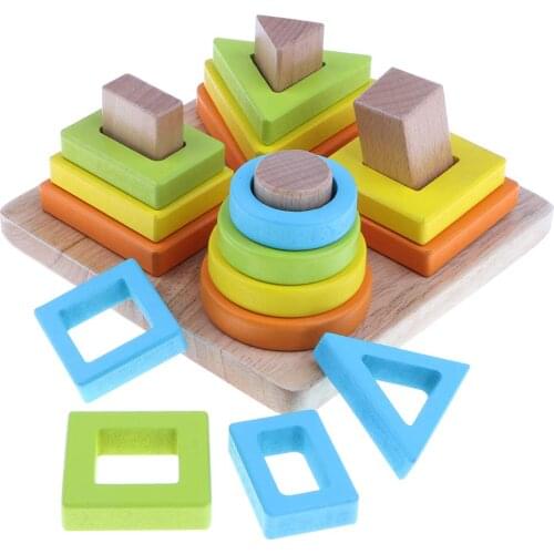 Wooden Geometric Blocks Sorting Stacking Game Color Shape Early Learning Educational Toys Birthday Gift for Children Toddler Kid
