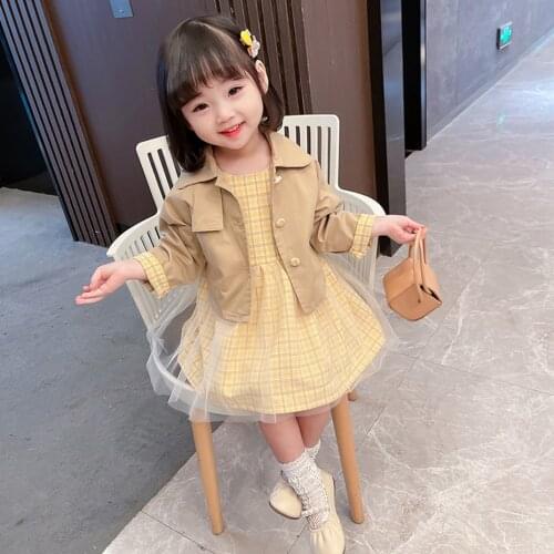 Children Clothes Plaid Pattern Childrens Clothes For Girls Leather Jacket + Mesh Dress Girls Clothes Casual Style Childrens Cl